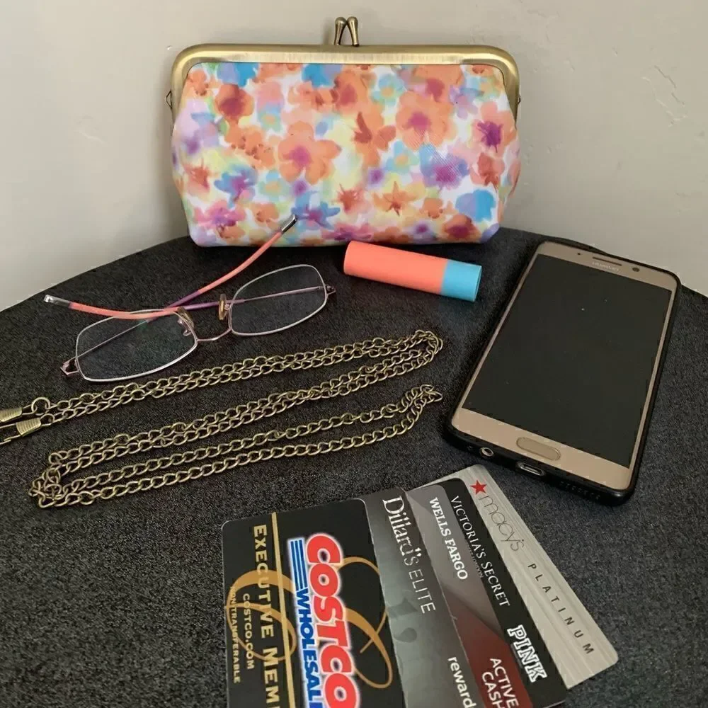 Handmade Genuine Leather Floral Print, Metal Frame Small Clutch/Cosmetic Case